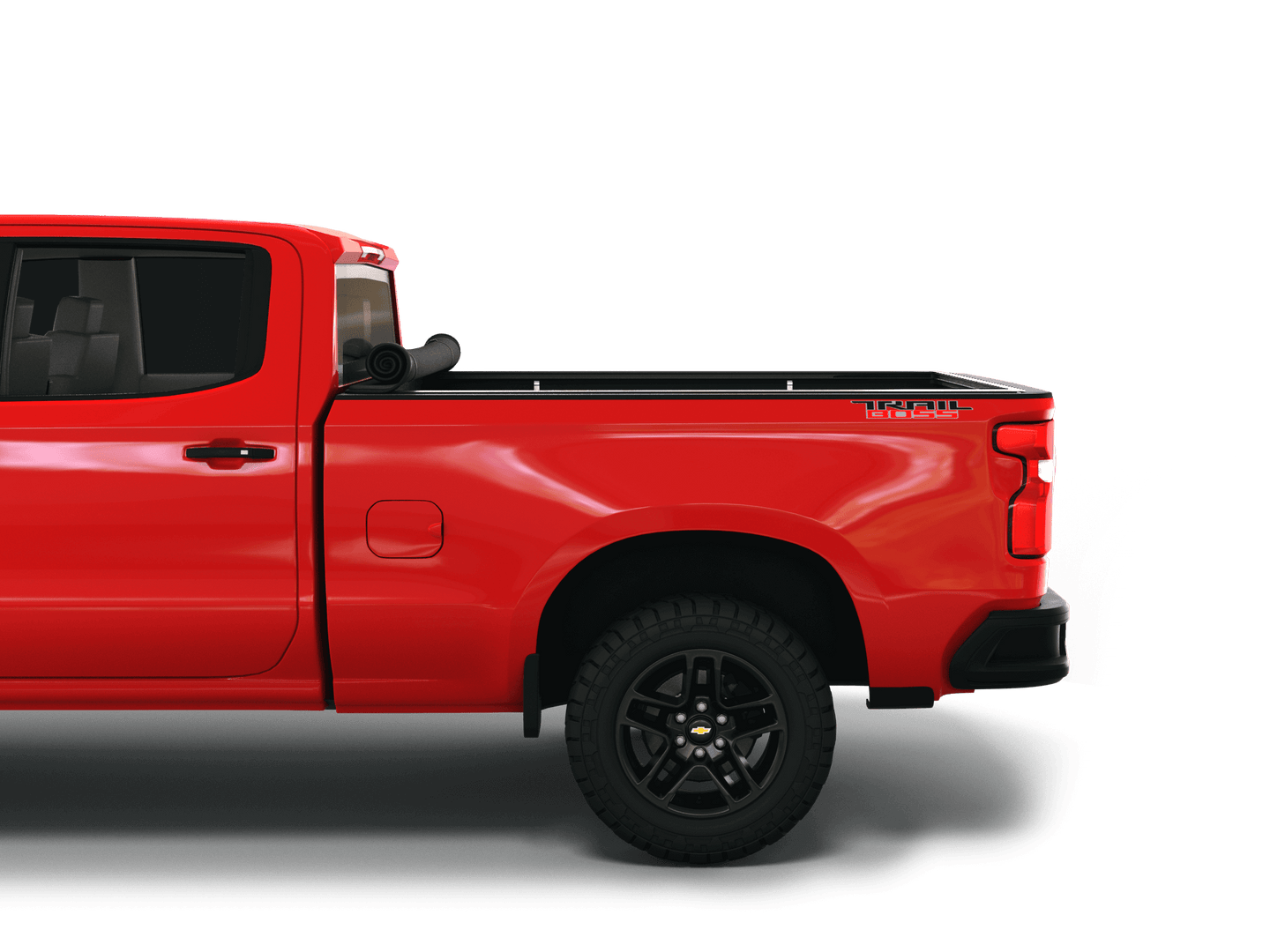 Red Chevrolet Silverado 1500 / GMC Sierra 1500 with Sawtooth Stretch expandable pickup truck bed cover rolled up at cab